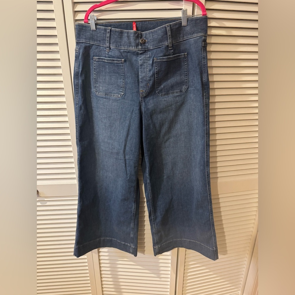 SPANX Dark Blue Wide-Leg Cropped Jeans with Front Patch Pockets